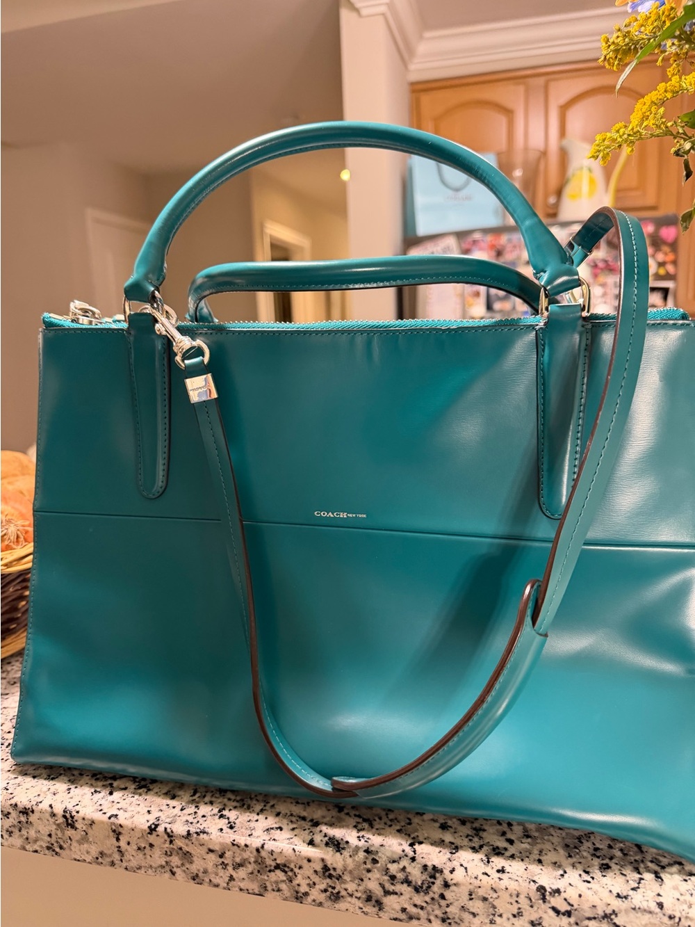 Coach Teal Leather Structured Satchel with Removable Strap